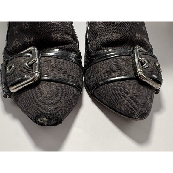 Louis Vuitton Black Canvas Monogram Boots Stiletto Heel Silver Buckle 36 6 Y2K - Picture 5 of 13